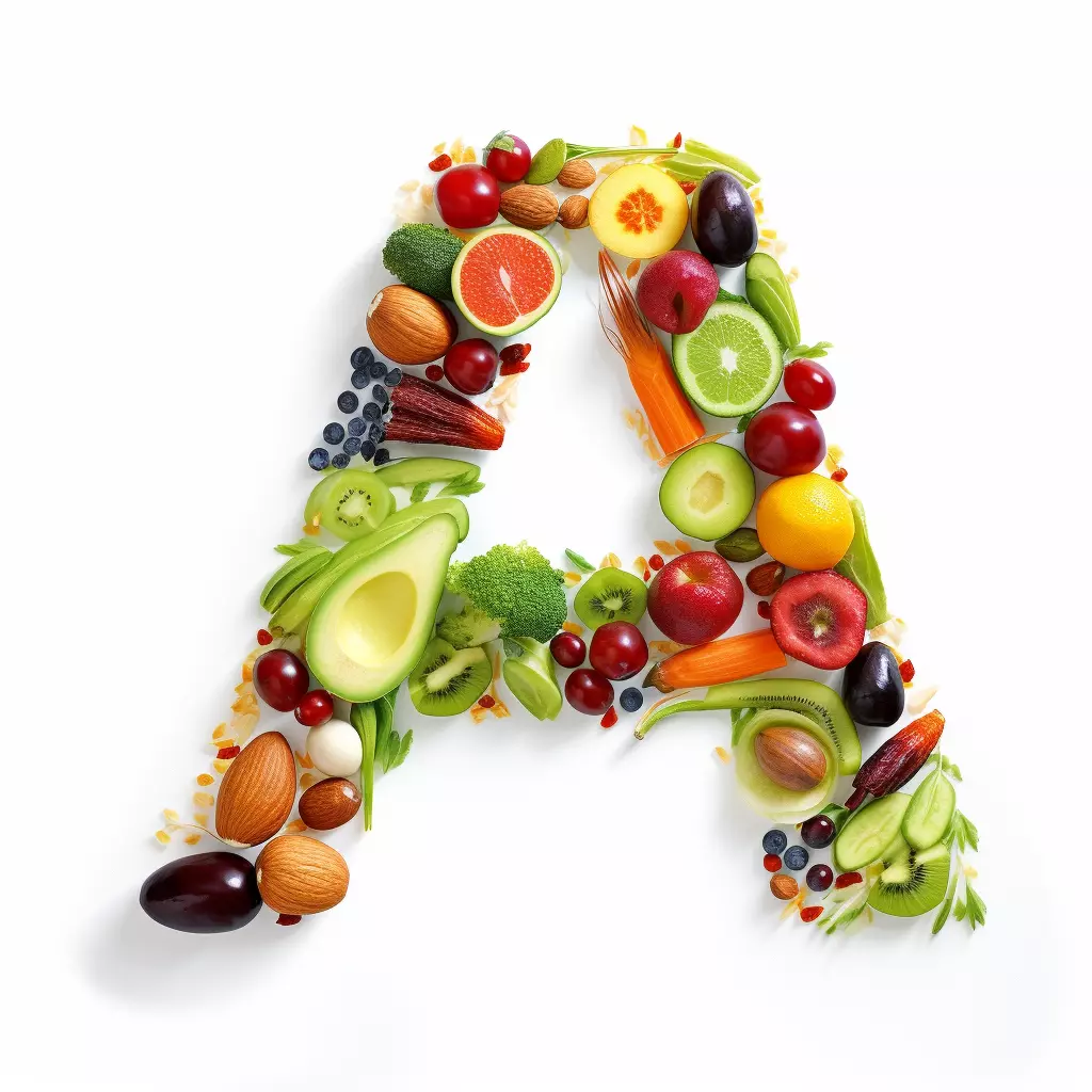 Letra A de AMG Madrid hecha con frutas y verduras