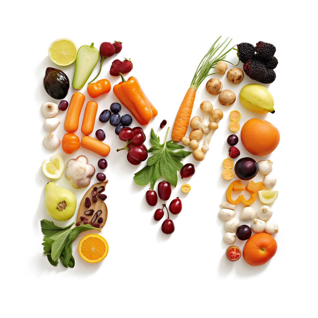 Letra M de AMG Madrid hecha con frutas y verduras