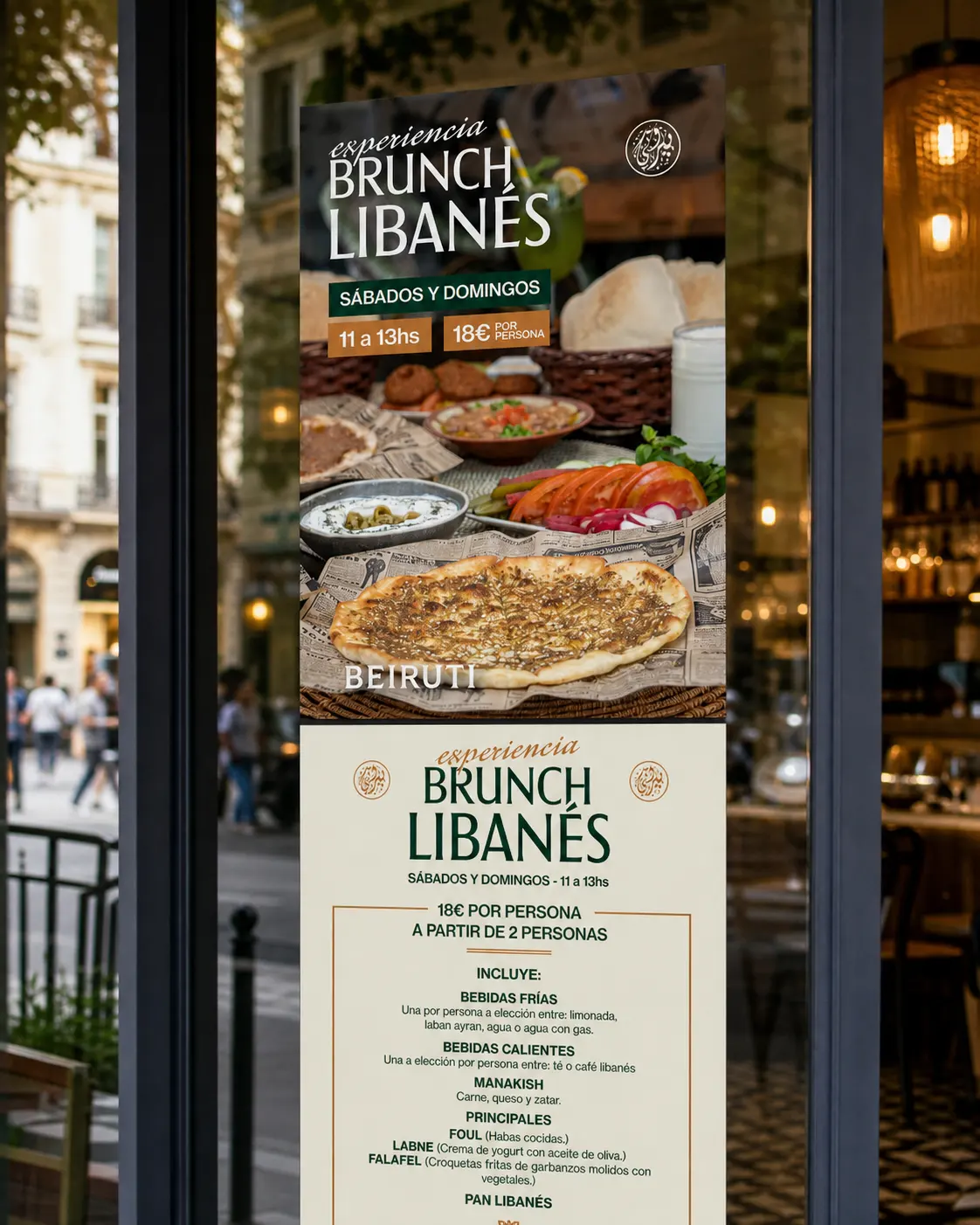Afiche del brunch libanés de Beiruti colocado en el cristal del restaurante